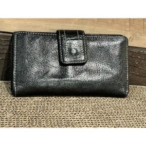 Fossil Trifold Wallet Womens Black Leather Checkbook Pen Holder‎ Change Cards